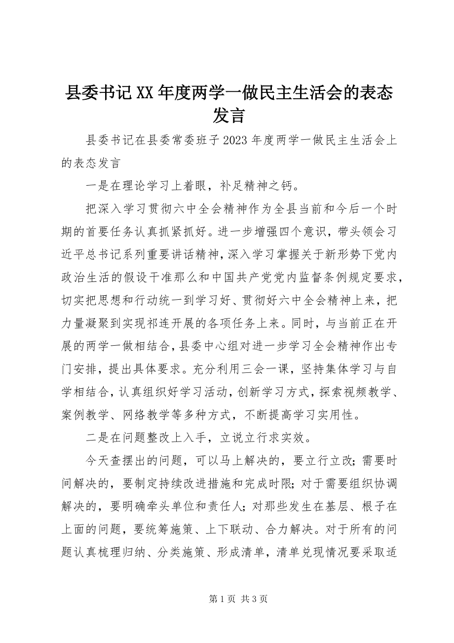 2023年县委书记度两学一做民主生活会的表态讲话.docx_第1页