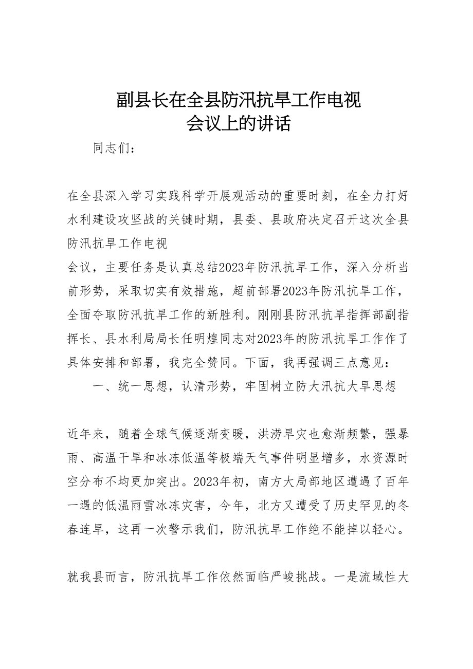 2023年副县长在全县防汛抗旱工作电视电话会议上的致辞.doc_第1页