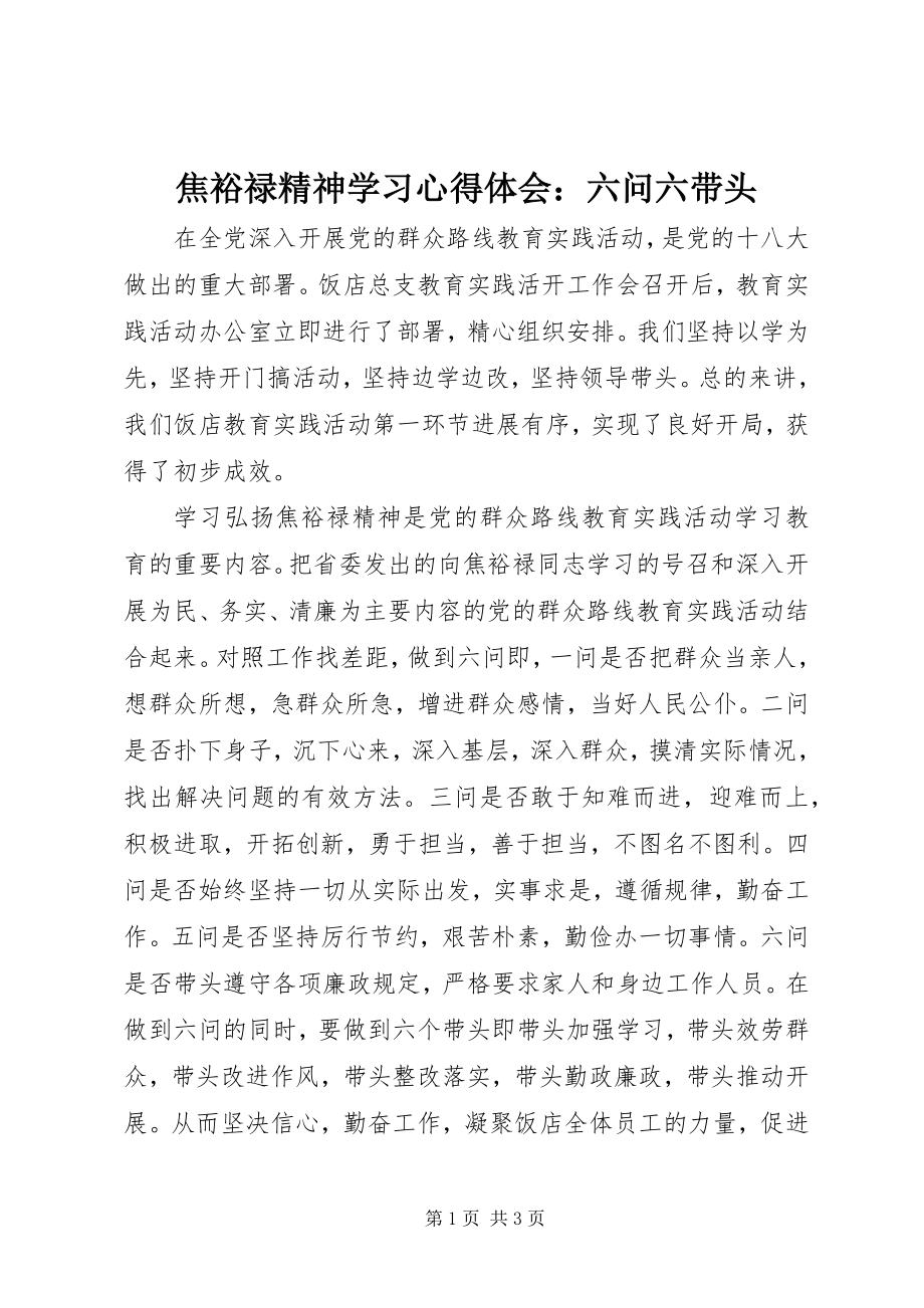 2023年焦裕禄精神学习心得体会六问六带头.docx_第1页