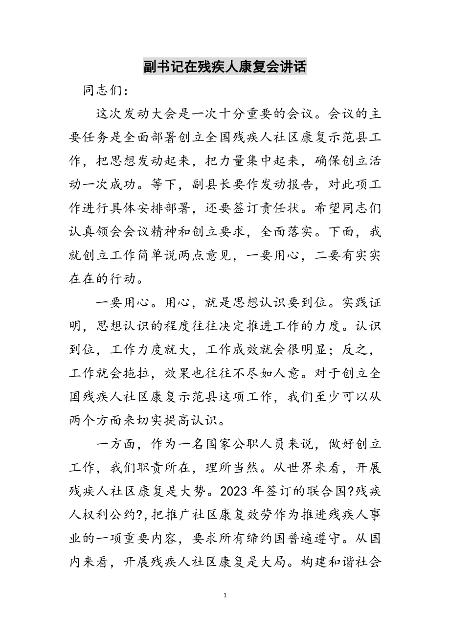 2023年副书记在残疾人康复会讲话范文.doc_第1页