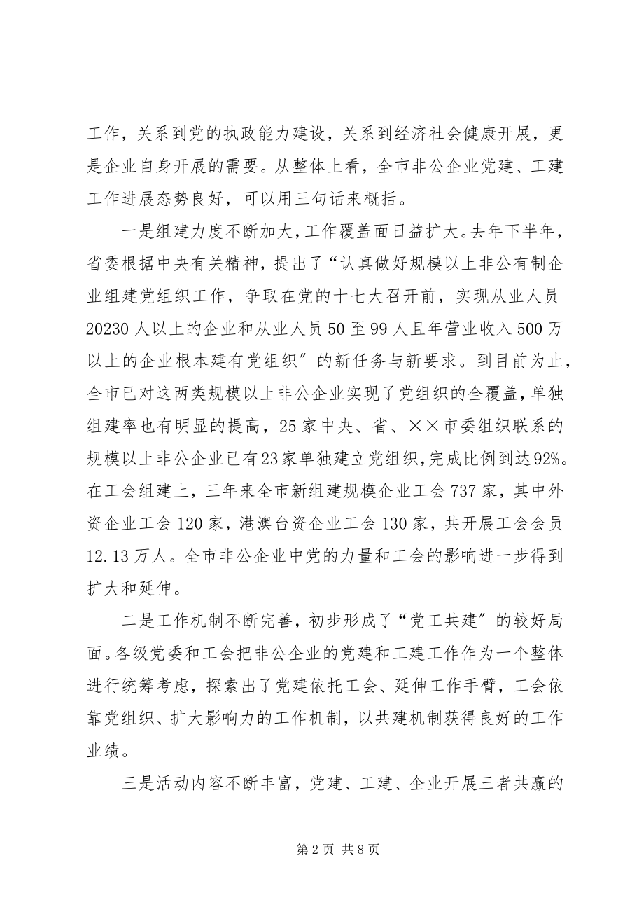 2023年在全市非公有制企业党建带工建工作推进会上的致辞.docx_第2页