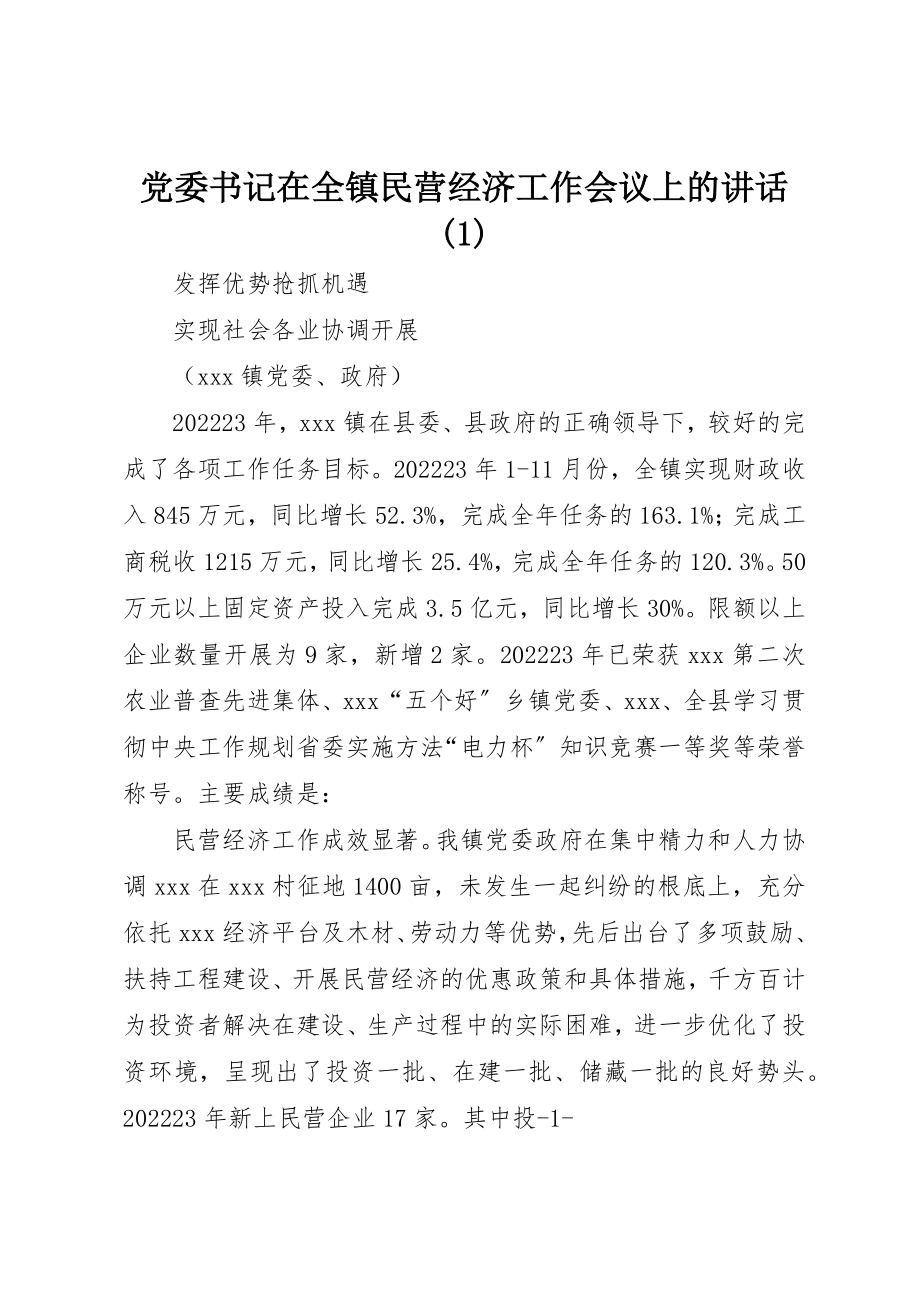 2023年党委书记在全镇民营经济工作会议上的致辞1.docx_第1页