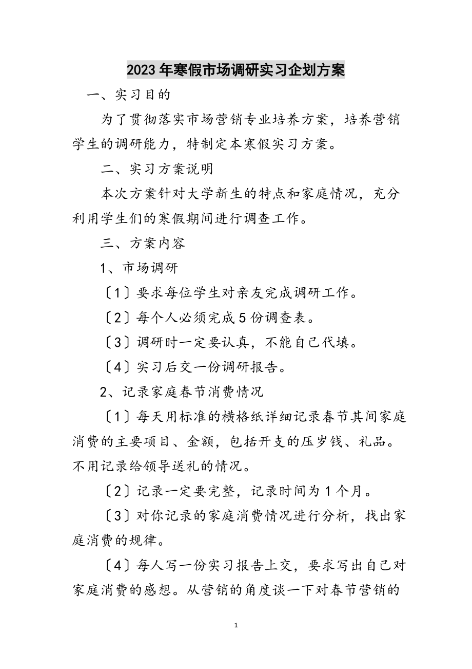 2023年年寒假市场调研实习企划方案范文.doc_第1页