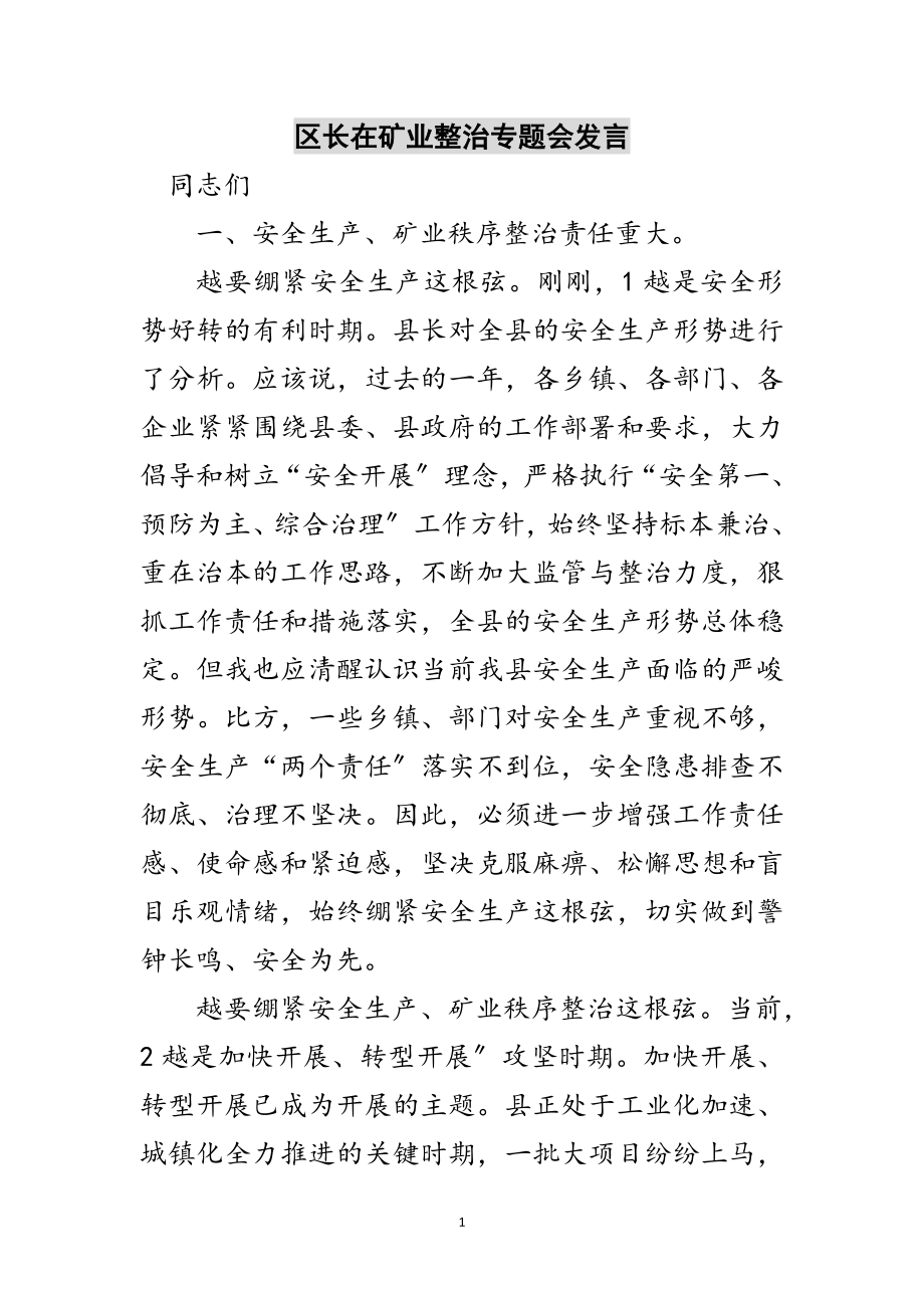 2023年区长在矿业整治专题会发言范文.doc_第1页