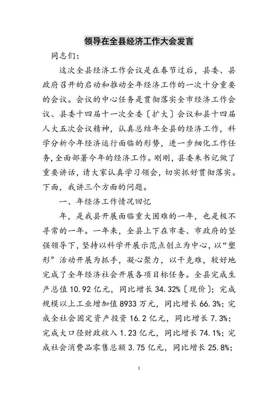 2023年领导在全县经济工作大会发言范文.doc_第1页