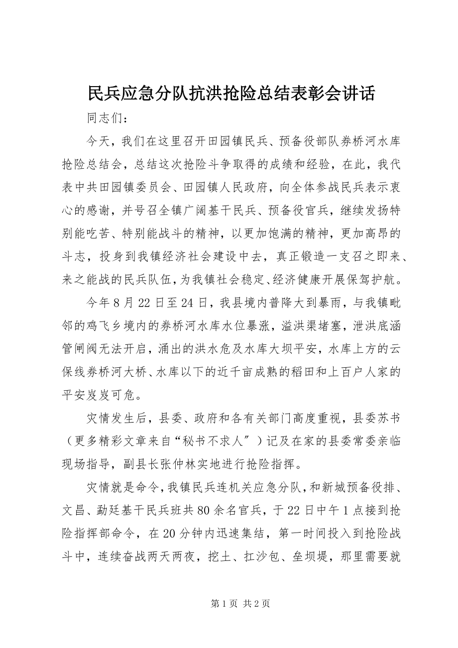 2023年民兵应急分队抗洪抢险总结表彰会致辞.docx_第1页