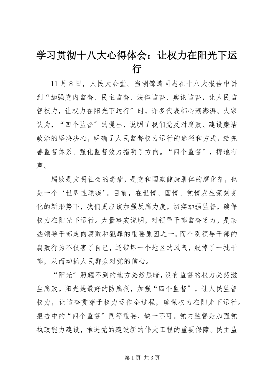 2023年学习贯彻十八大心得体会让权力在阳光下运行.docx_第1页