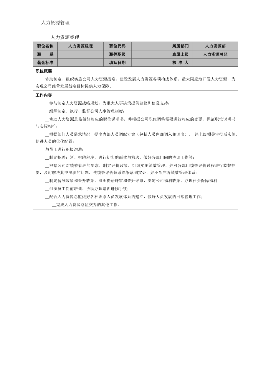 人力资源管理 企业管理 岗位说明 人力资源经理.docx_第1页