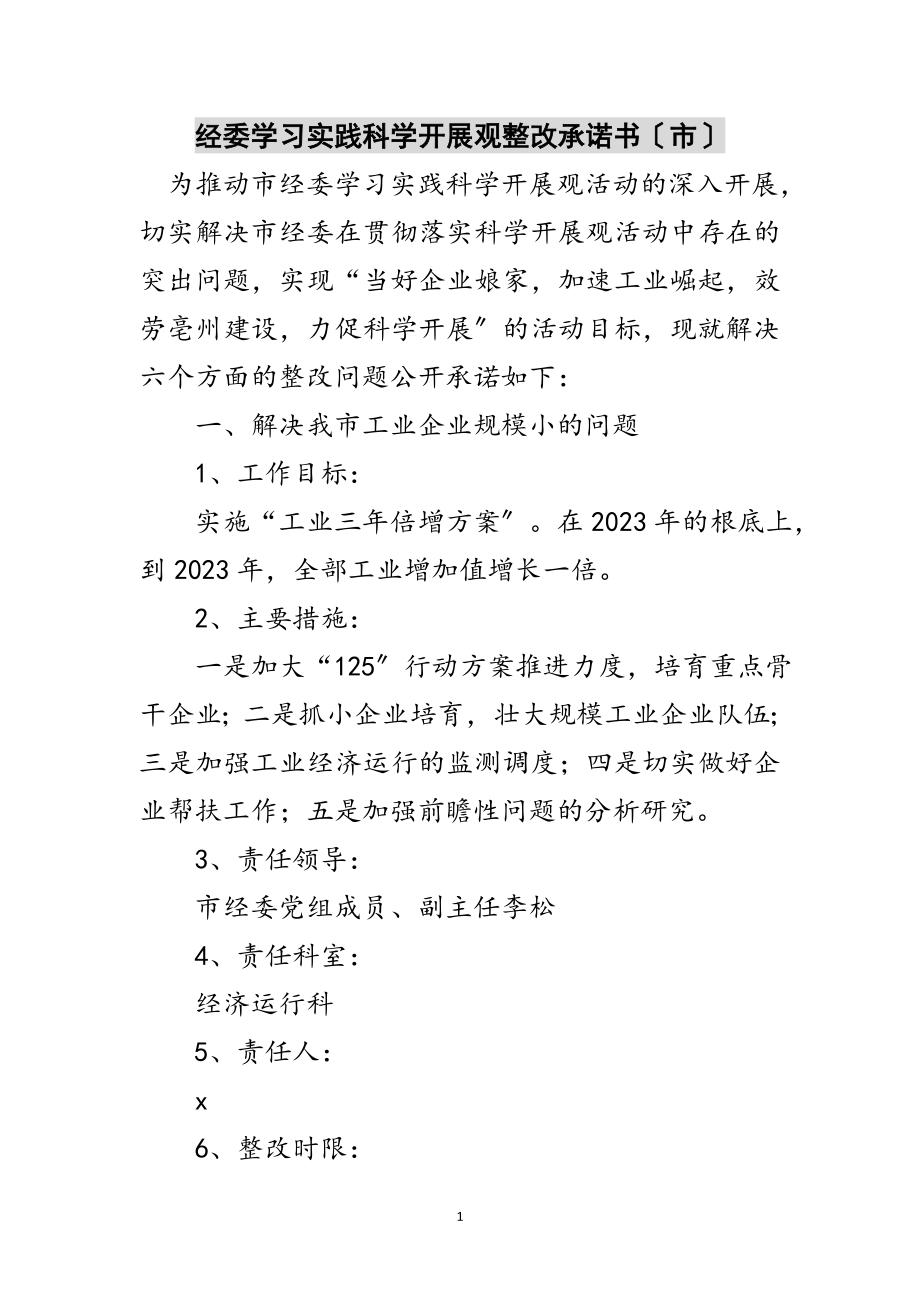 2023年经委学习实践科学发展观整改承诺书（市）范文.doc_第1页