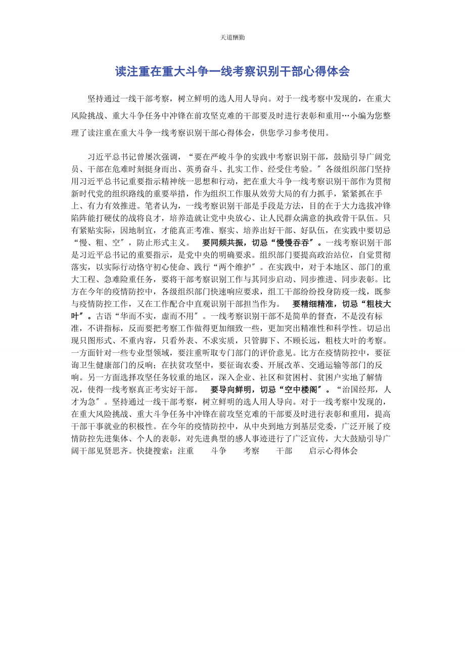 2023年读《注重在重大斗争线考察识别干部》心得体会范文.docx_第1页