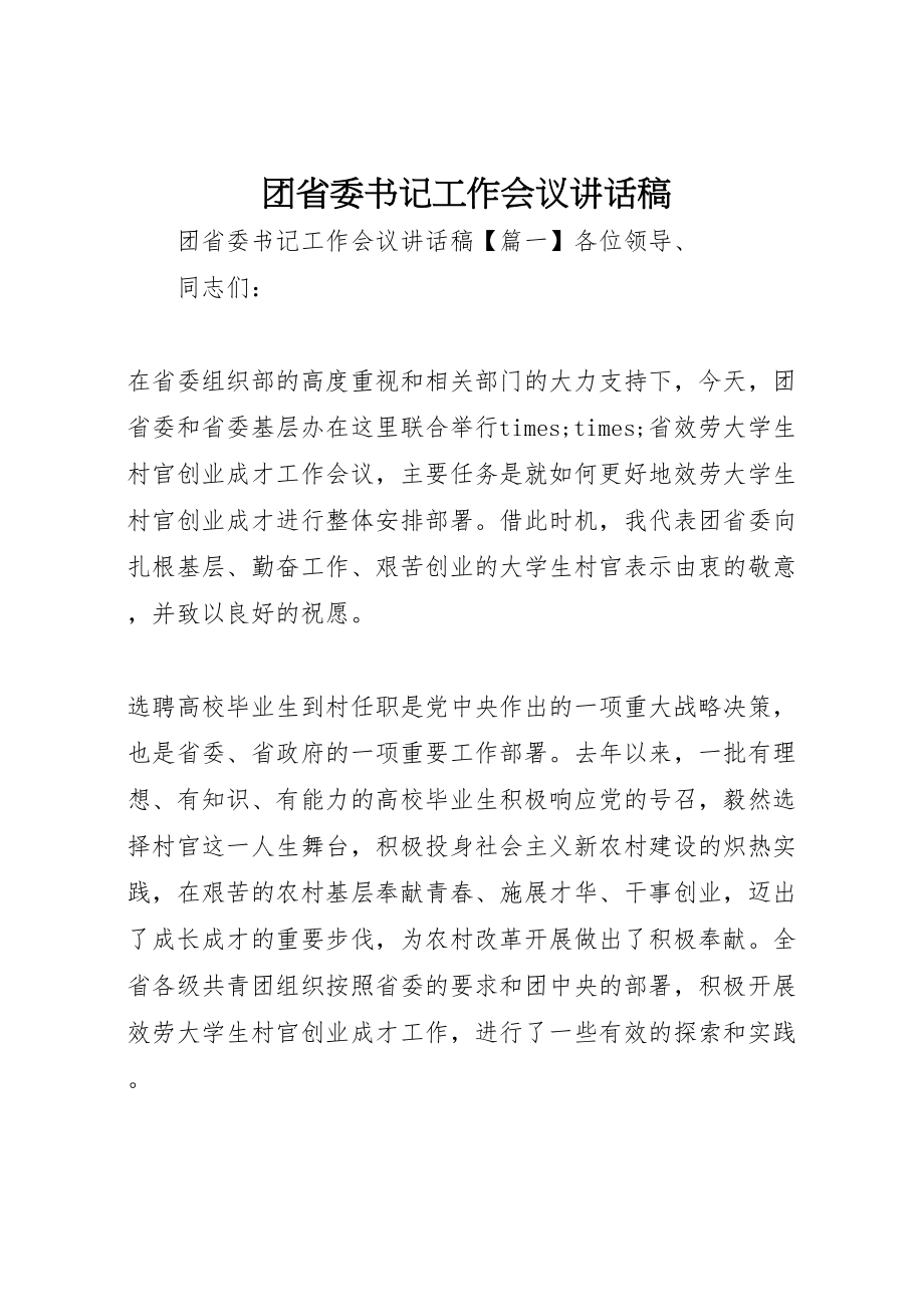 2023年团省委书记工作会议致辞稿.doc_第1页