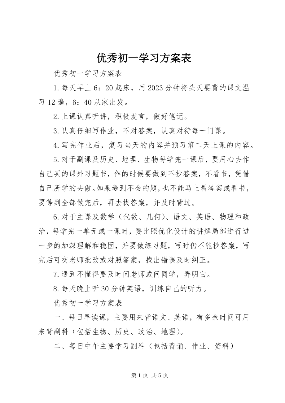 2023年优秀初一学习计划表.docx_第1页