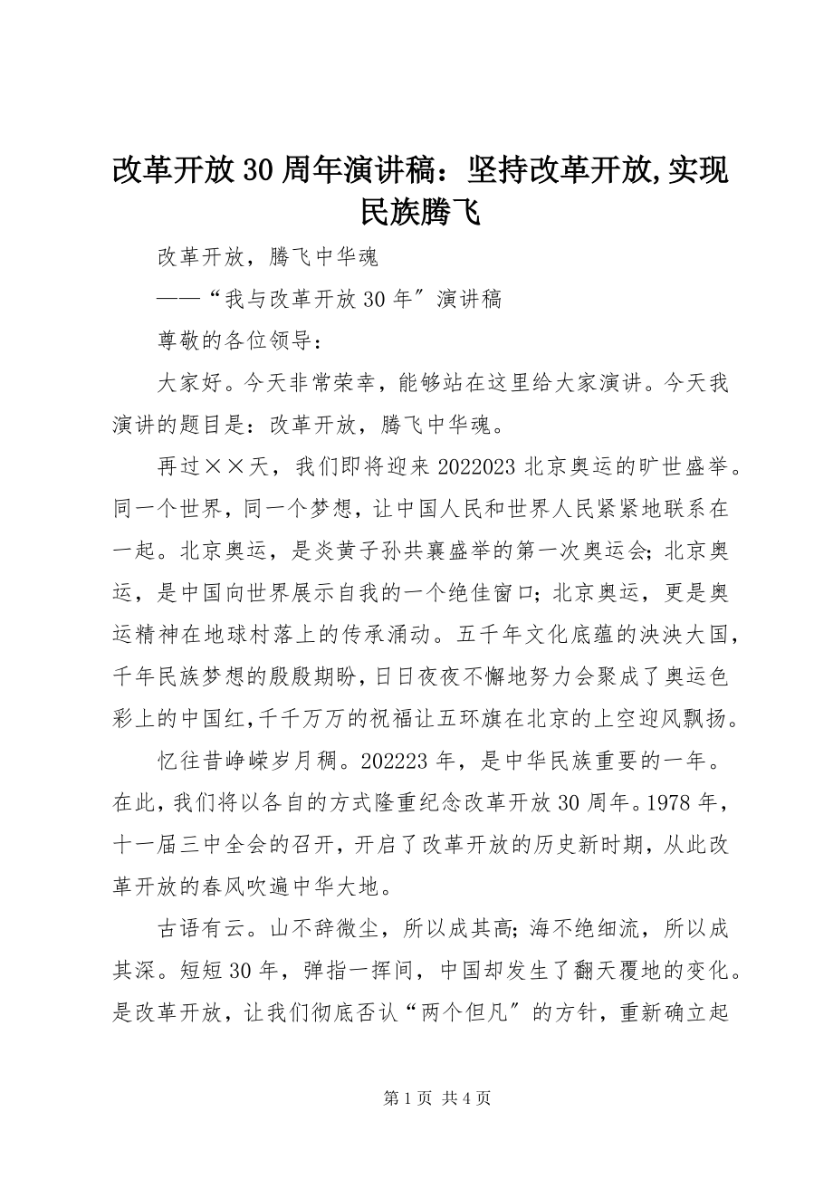 2023年改革开放30周年演讲稿：坚持改革开放,实现民族腾飞.docx_第1页