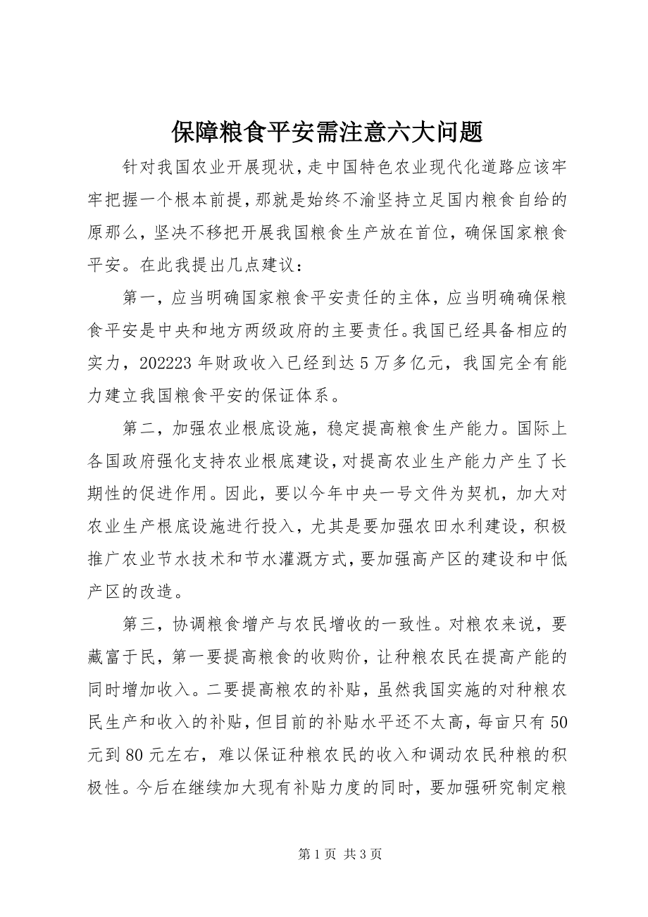 2023年保障粮食安全需注意六大问题新编.docx_第1页