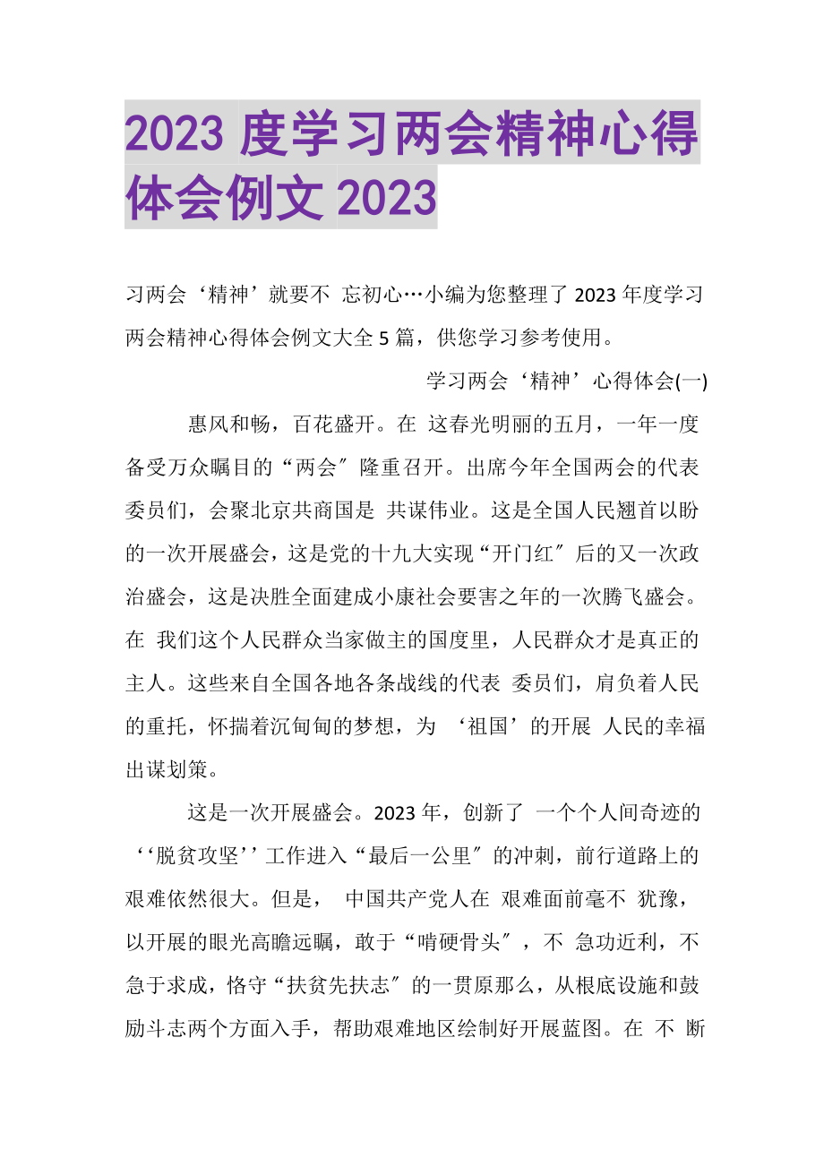 2023年学习两会精神心得体会例文.doc_第1页