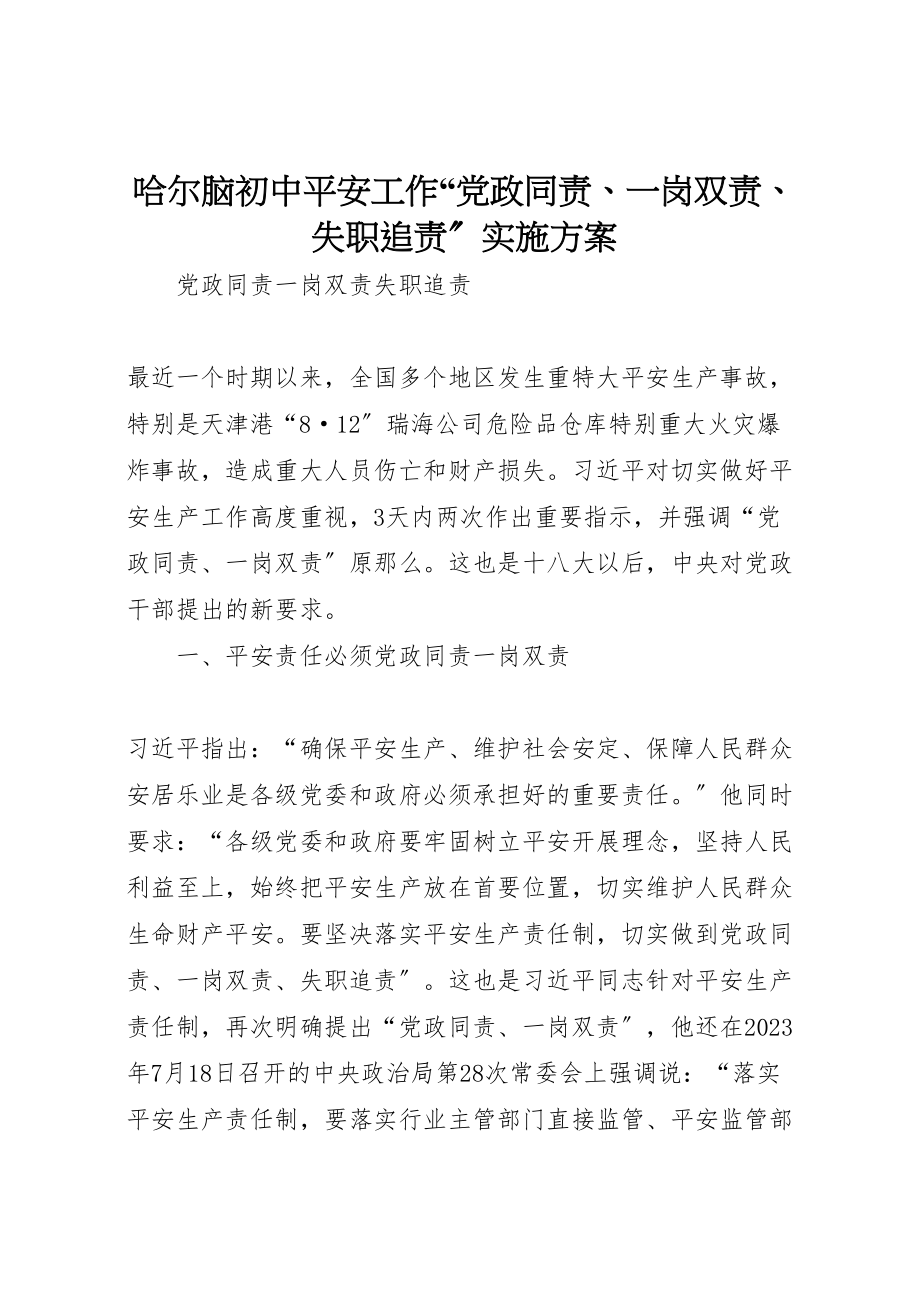 2023年哈尔脑初中安全工作党政同责一岗双责失职追责实施方案 3.doc_第1页