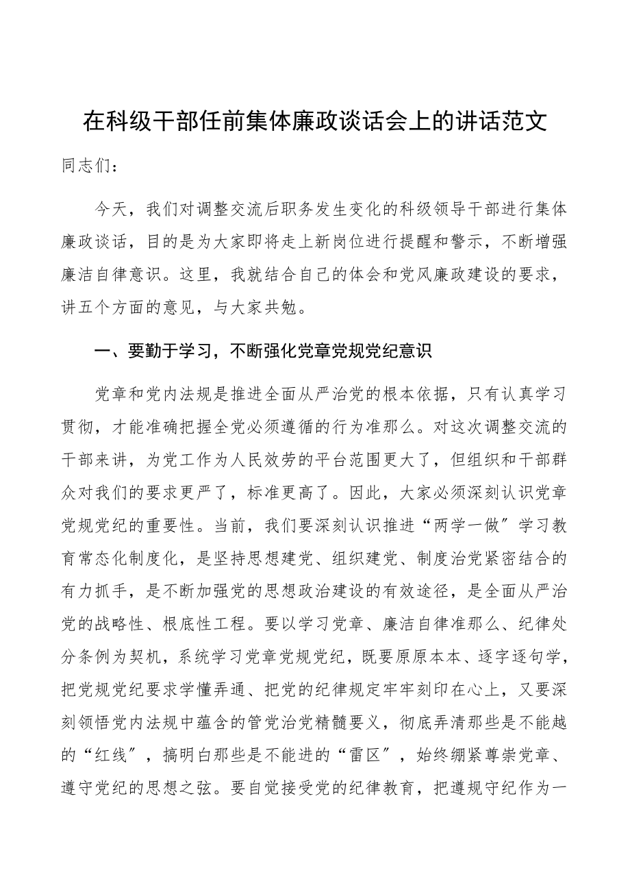 在2023年科级干部任前集体廉政谈话会上的讲话领导讲话.docx_第1页