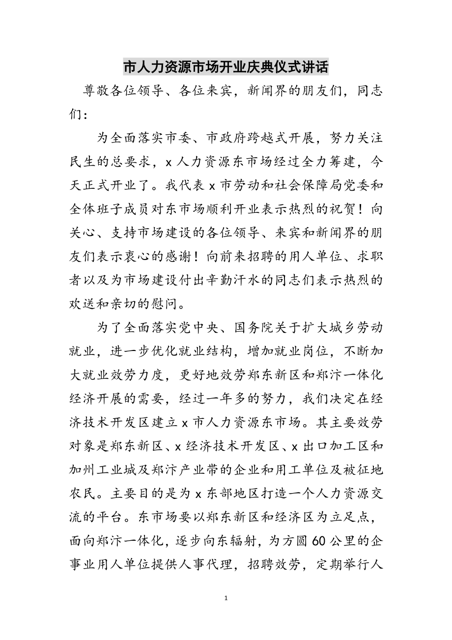 2023年市人力资源市场开业庆典仪式讲话范文.doc_第1页