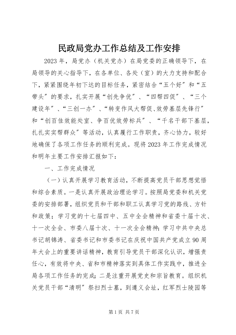 2023年民政局党办工作总结及工作安排.docx_第1页