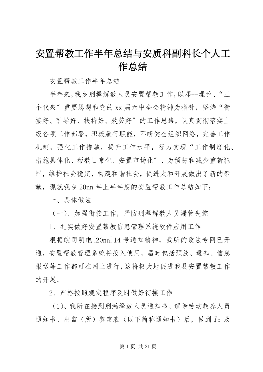 2023年安置帮教工作半年总结与安质科副科长个人工作总结新编.docx_第1页