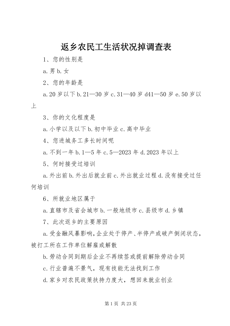 2023年返乡农民工生活状况掉调查表.docx_第1页