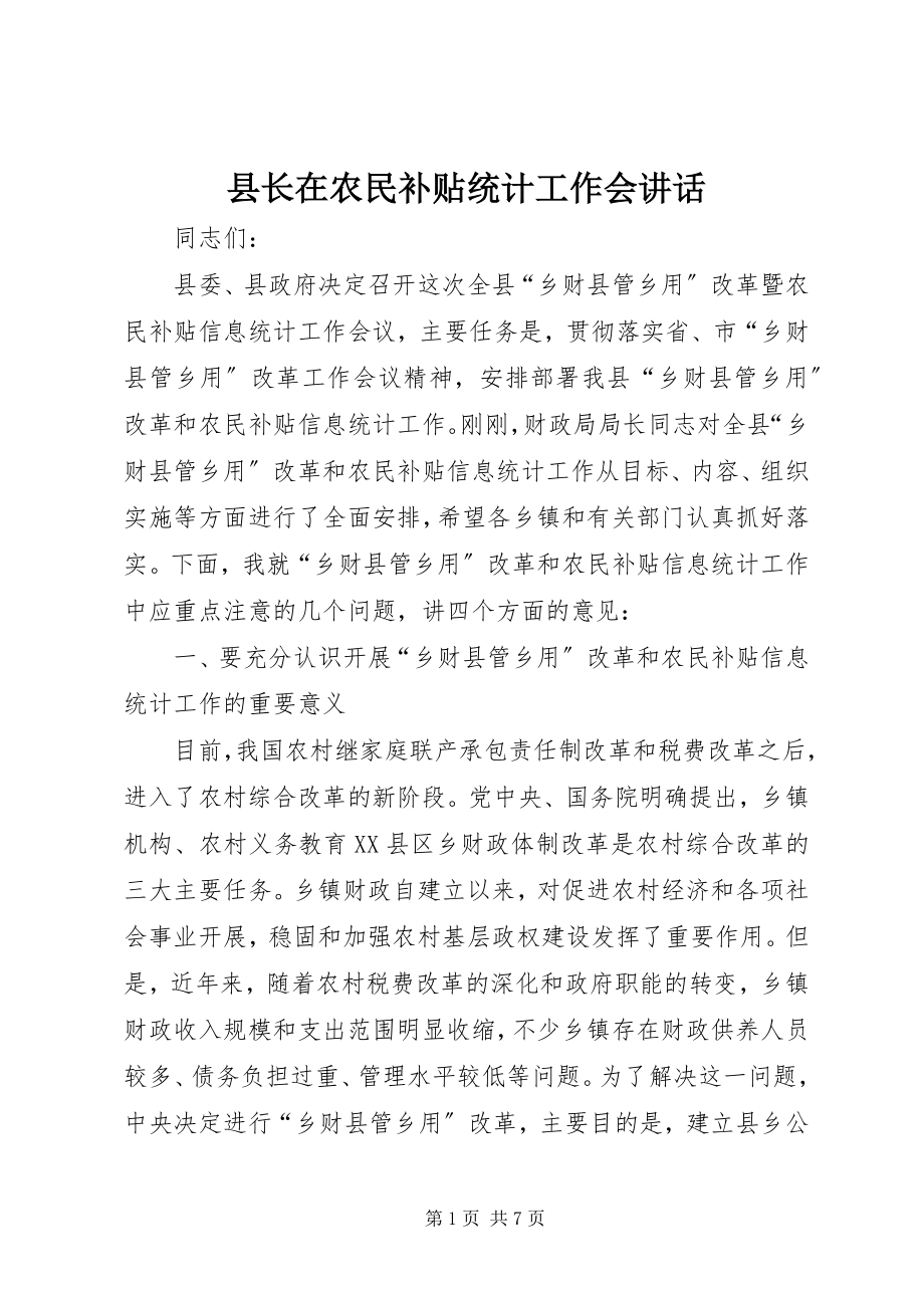 2023年县长在农民补贴统计工作会致辞.docx_第1页