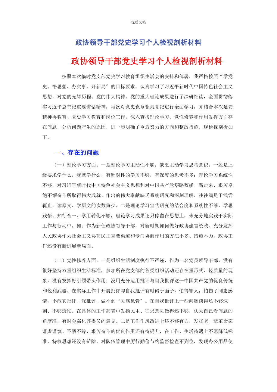 2023年政协领导干部党史学习个人检视剖析.docx_第1页