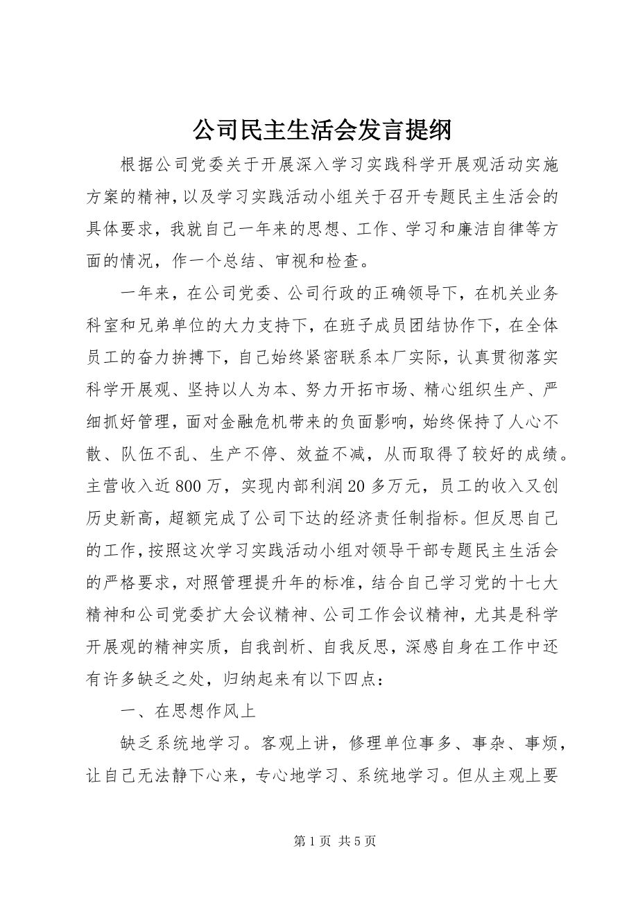 2023年公司民主生活会讲话提纲.docx_第1页