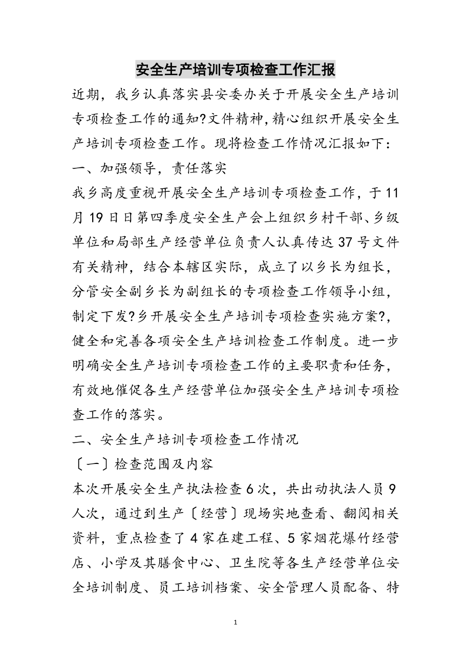 2023年安全生产培训专项检查工作汇报范文.doc_第1页