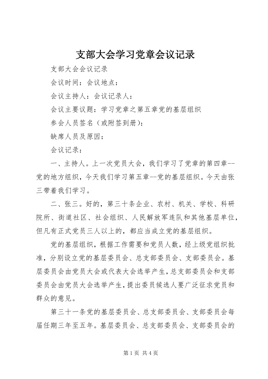 2023年支部大会学习党章会议记录.docx_第1页