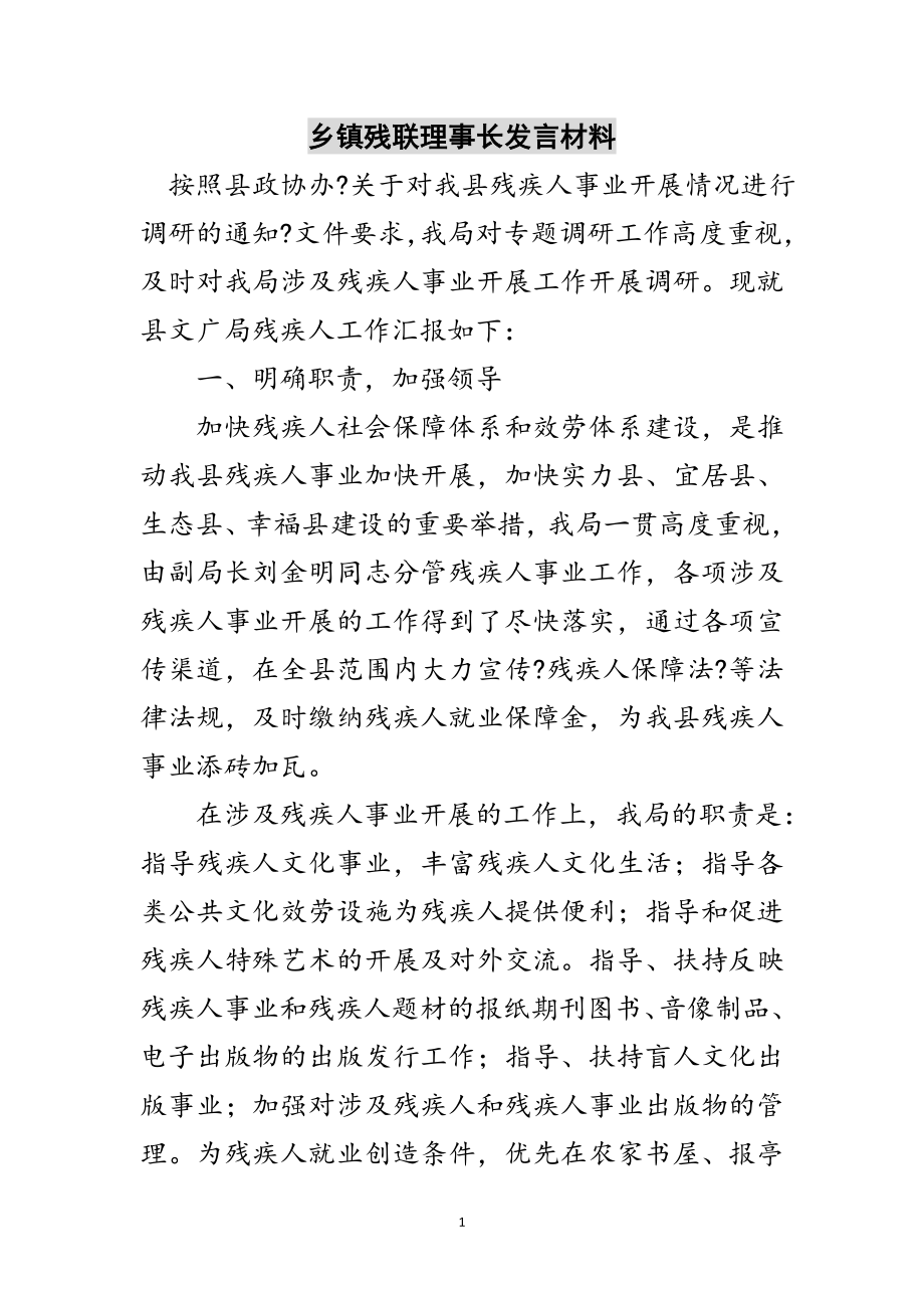 2023年乡镇残联理事长发言材料范文.doc_第1页