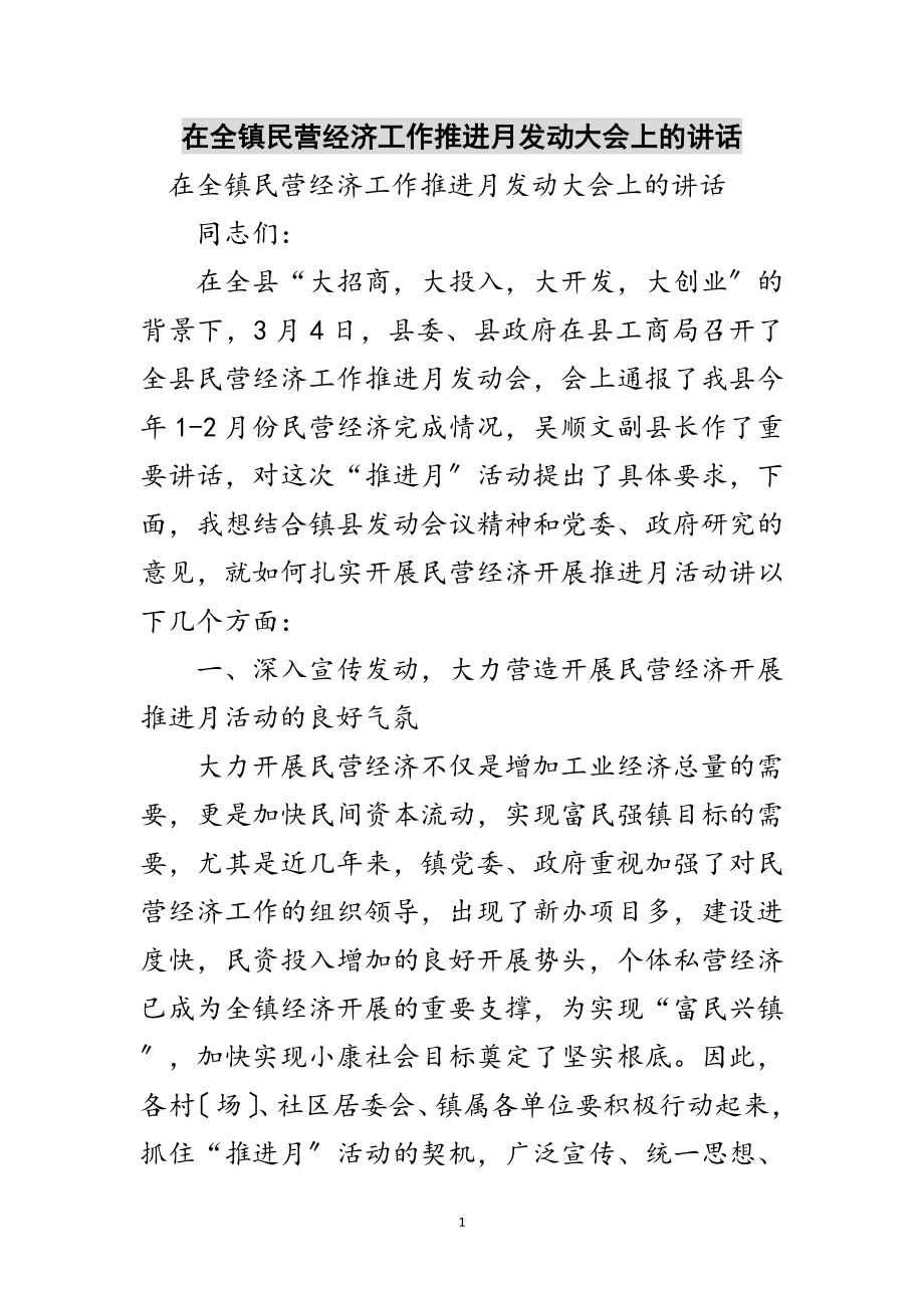 2023年在全镇民营经济工作推进月动员大会上的讲话范文.doc_第1页