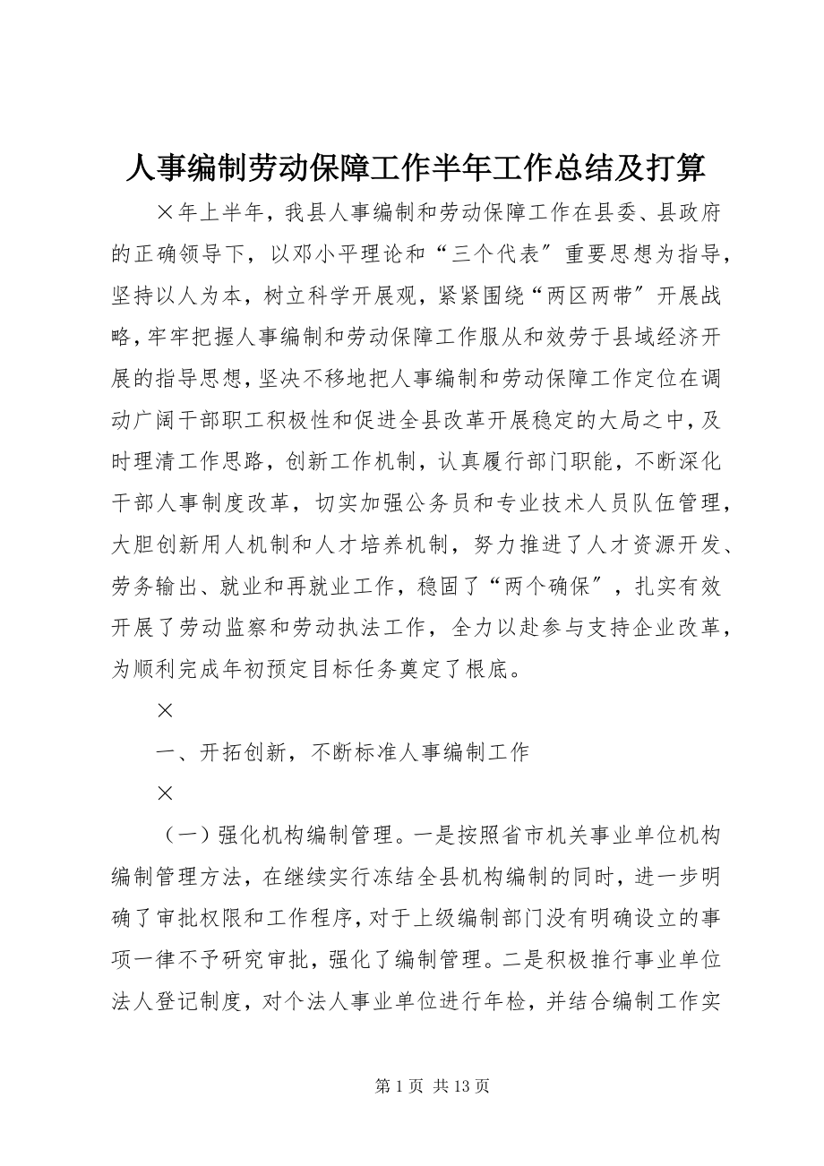 2023年人事编制劳动保障工作半年工作总结及打算.docx_第1页