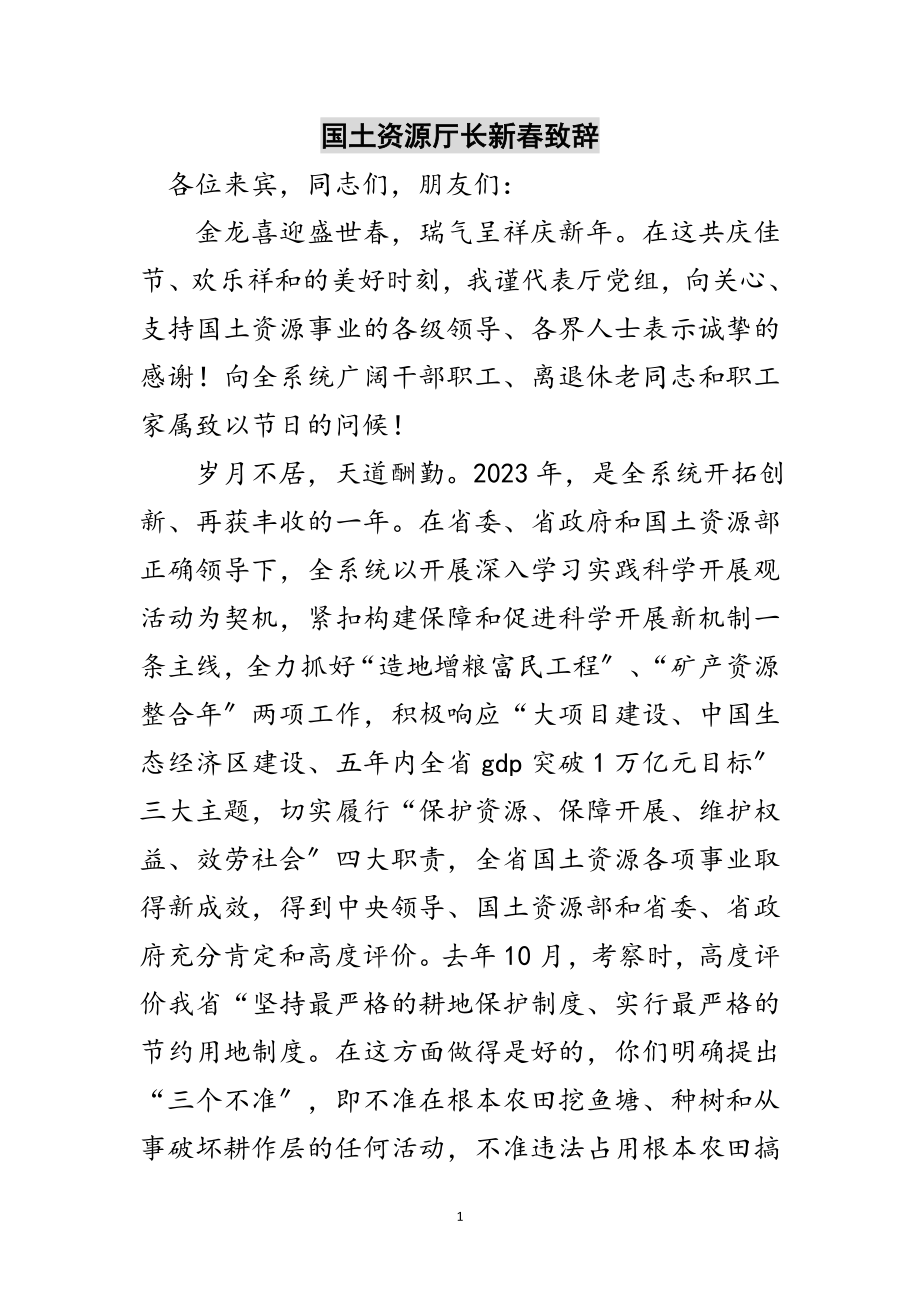 2023年国土资源厅长新春致辞范文.doc_第1页