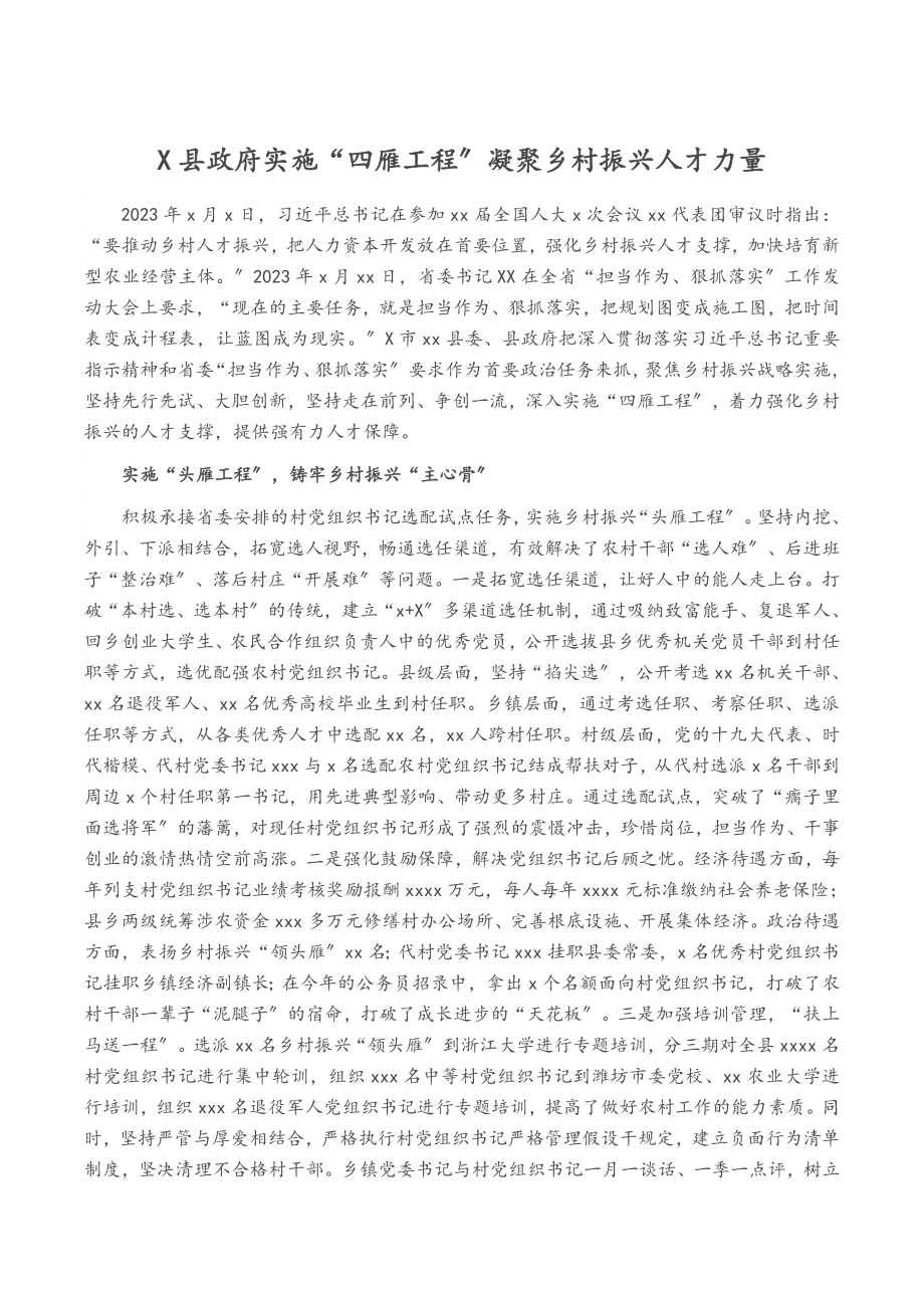 2023年x县政府实施“四雁工程”_凝聚乡村振兴人才力量2.docx_第1页