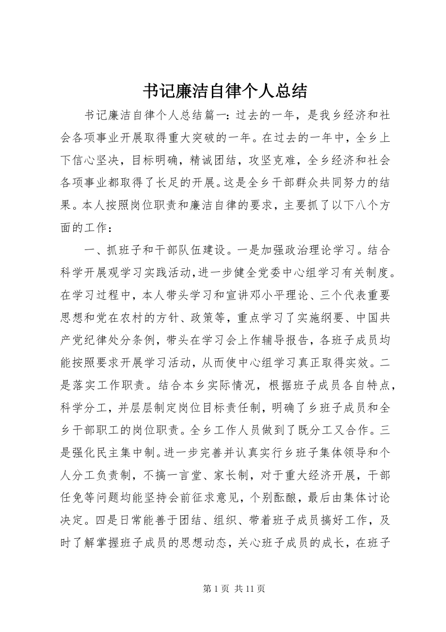 2023年书记廉洁自律个人总结.docx_第1页