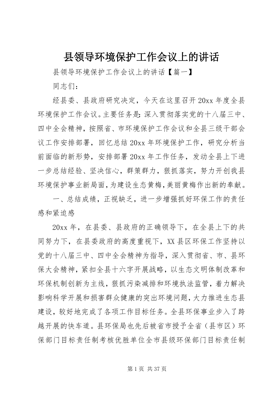 2023年县领导环境保护工作会议上的致辞.docx_第1页