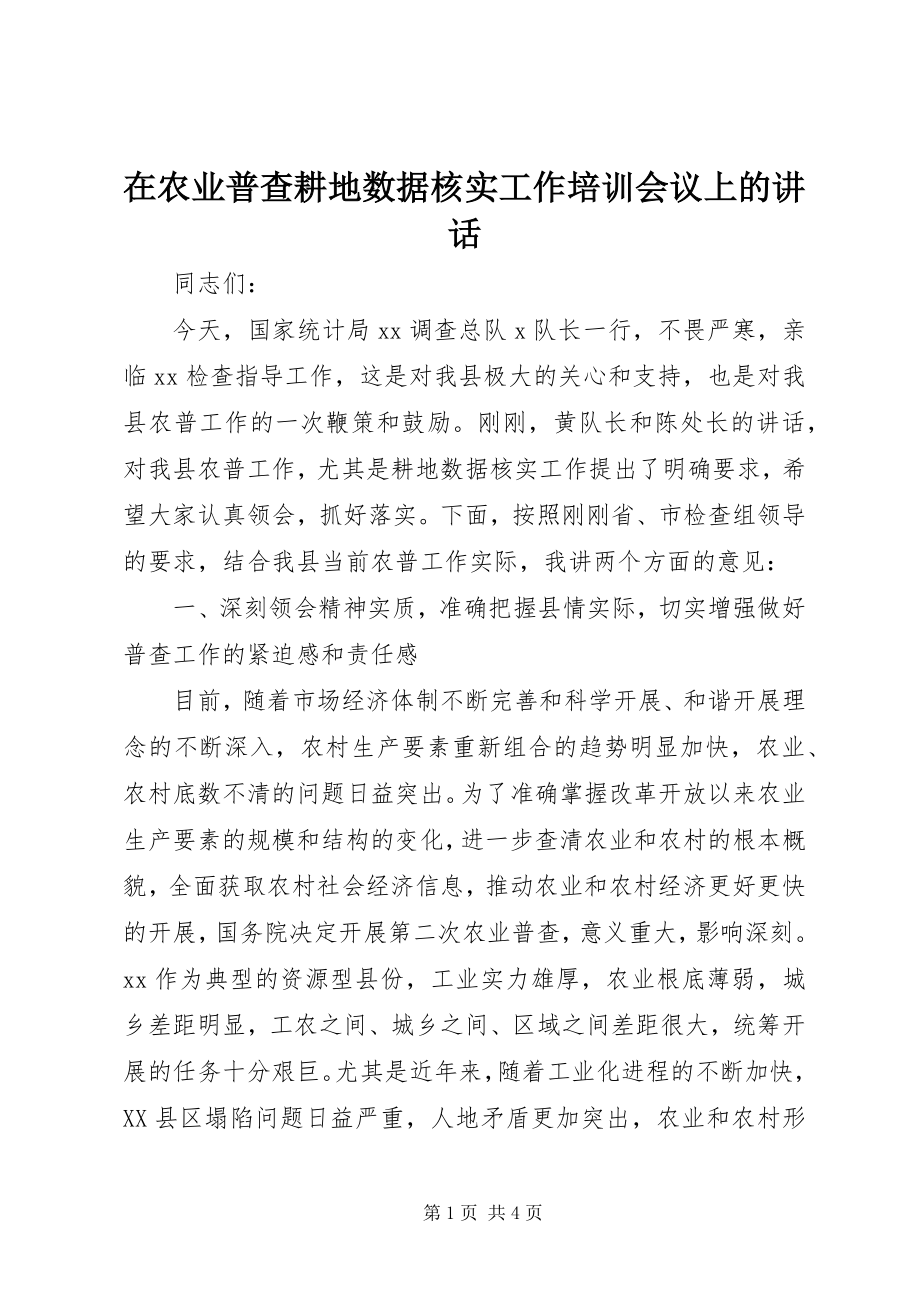 2023年在农业普查耕地数据核实工作培训会议上的致辞.docx_第1页