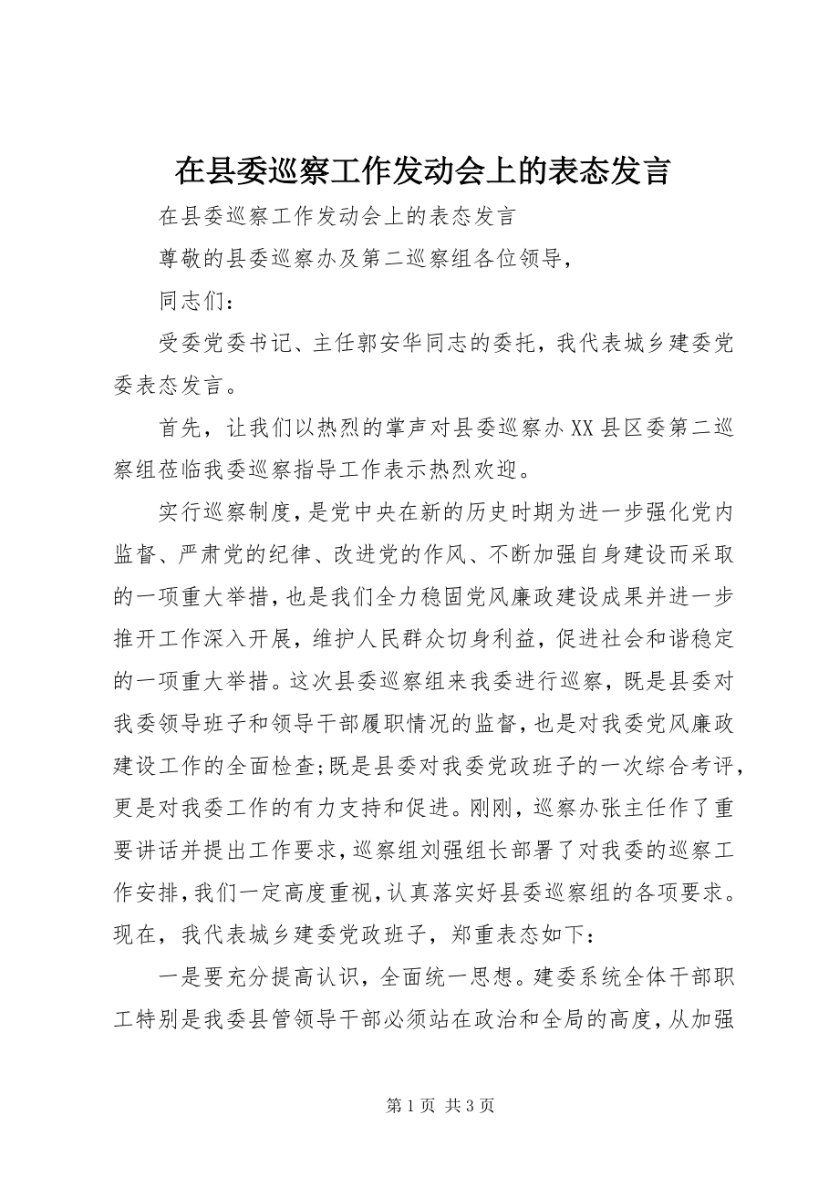 2023年在县委巡察工作动员会上的表态讲话.docx_第1页