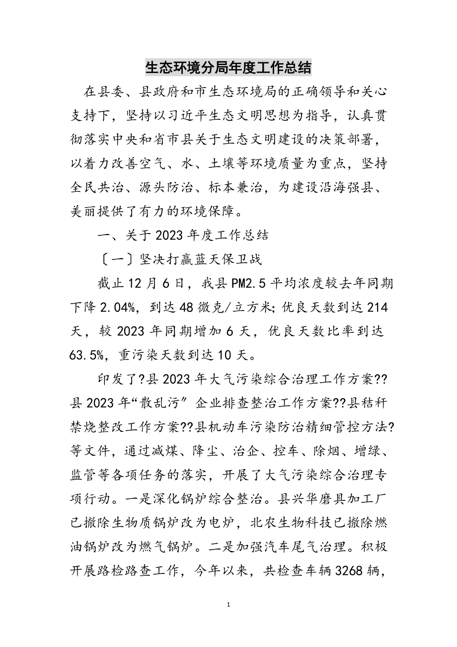 2023年生态环境分局年度工作总结范文.doc_第1页