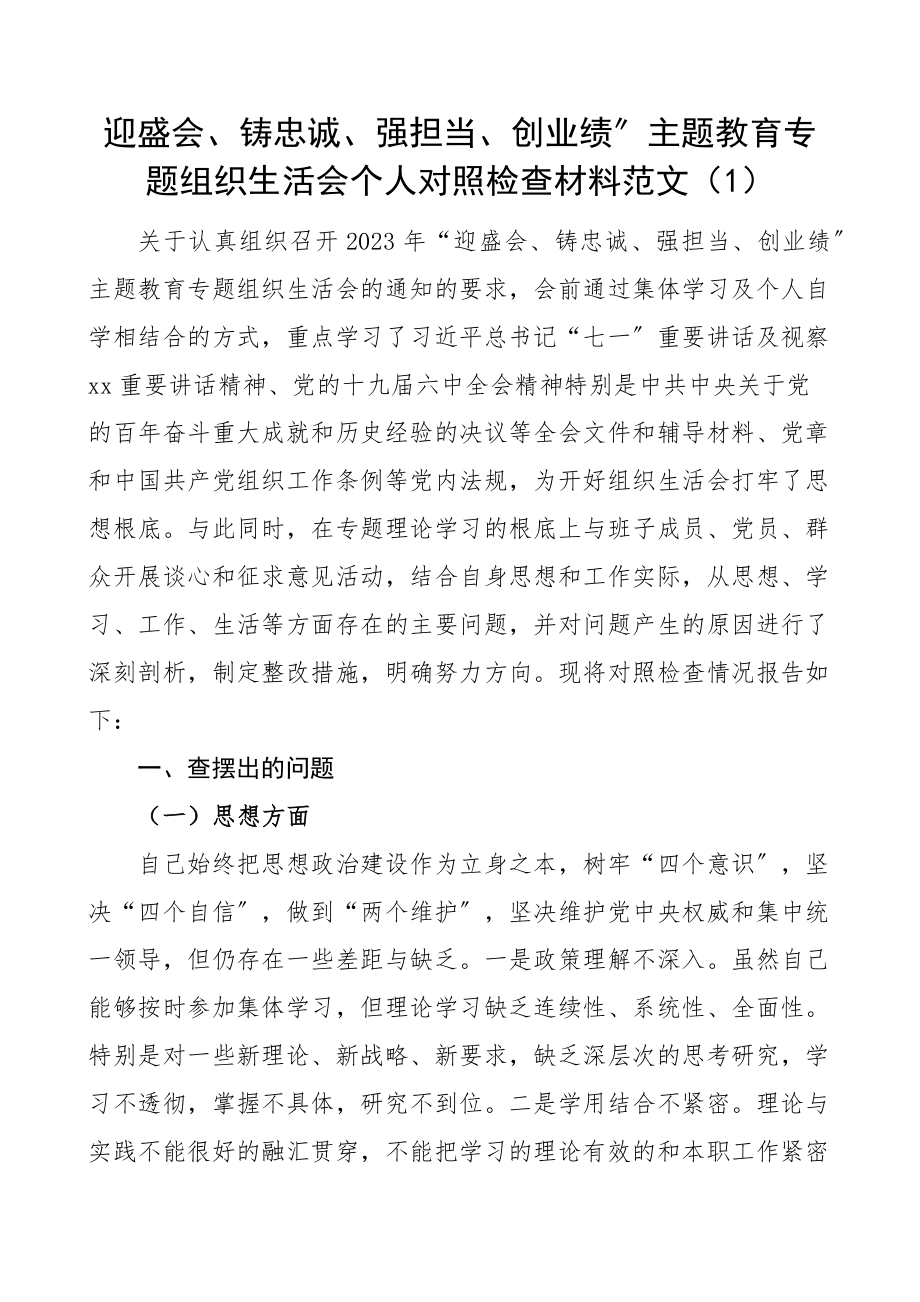 2023年迎盛会铸忠诚强担当创业绩主题教育组织生活会个人对照检查材料范文2篇思想学习工作生活等方面检视剖析材料发言提纲.docx_第1页