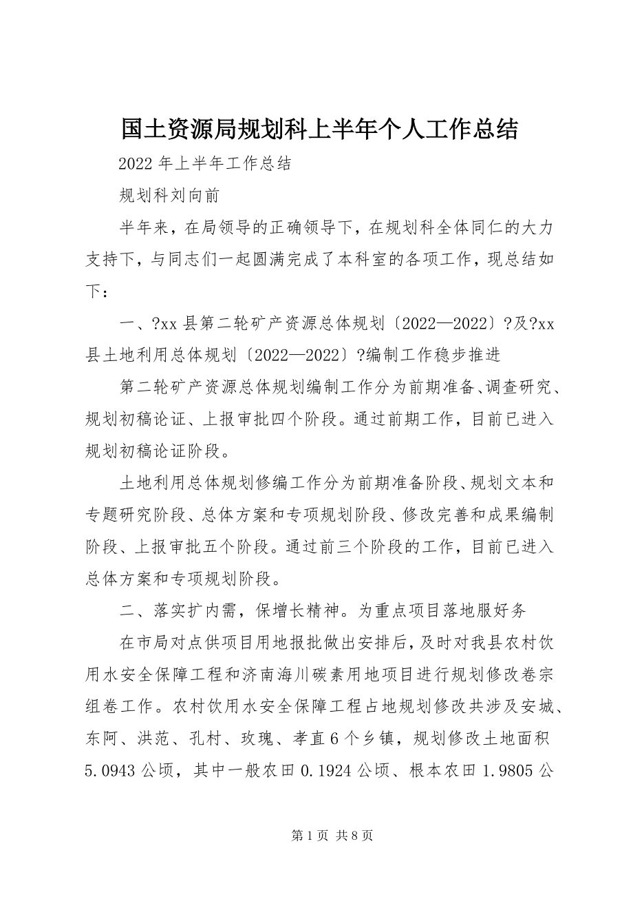 2023年国土资源局规划科上半年个人工作总结.docx_第1页