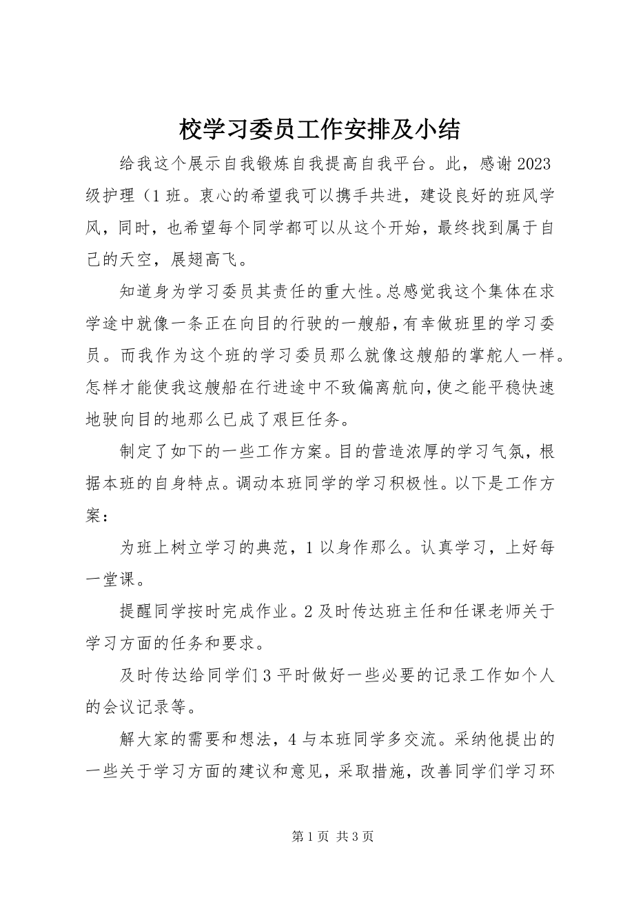 2023年校学习委员工作安排及小结.docx_第1页