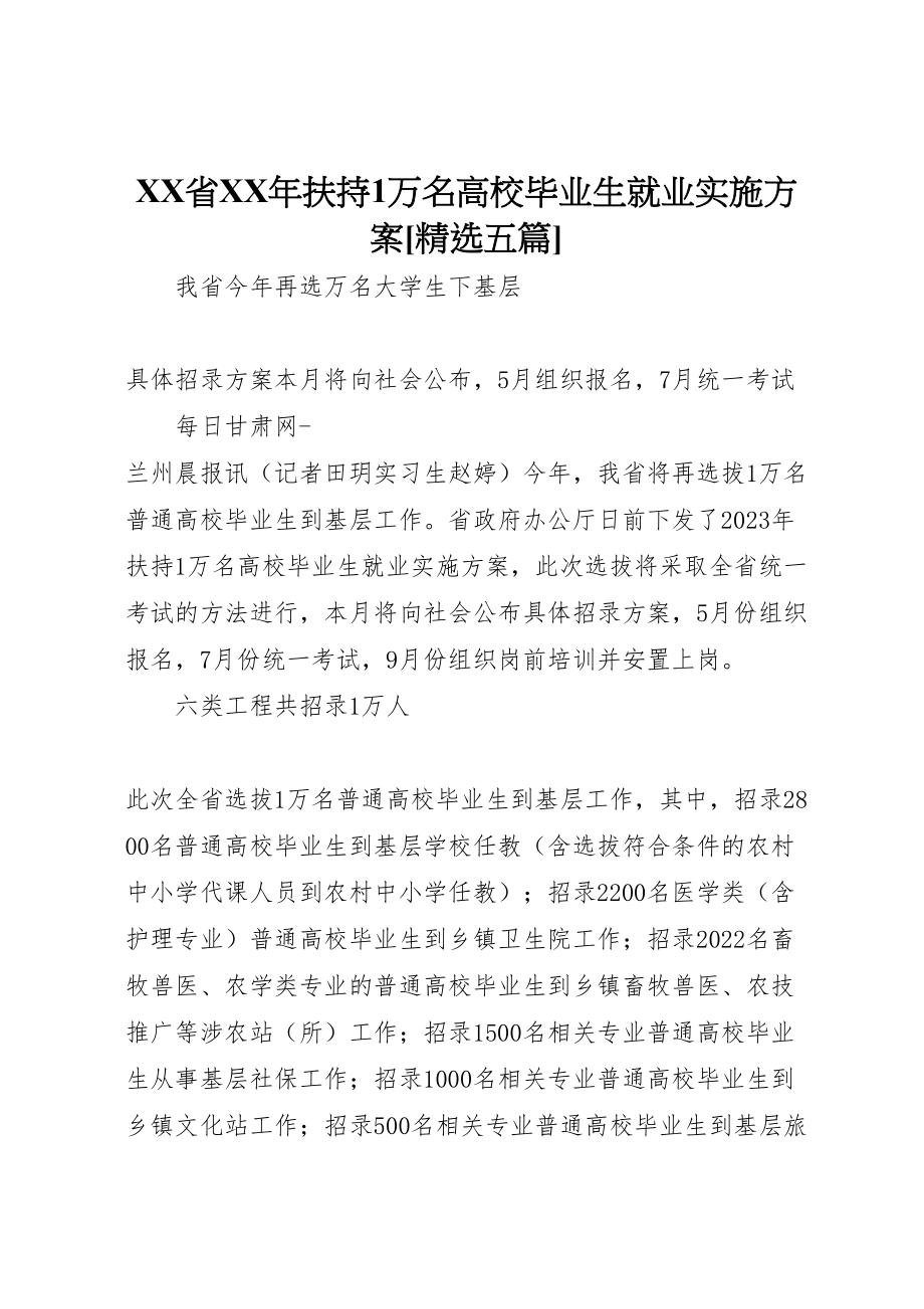 2023年《省年扶持1万名高校毕业生就业实施方案》精选五篇.doc_第1页