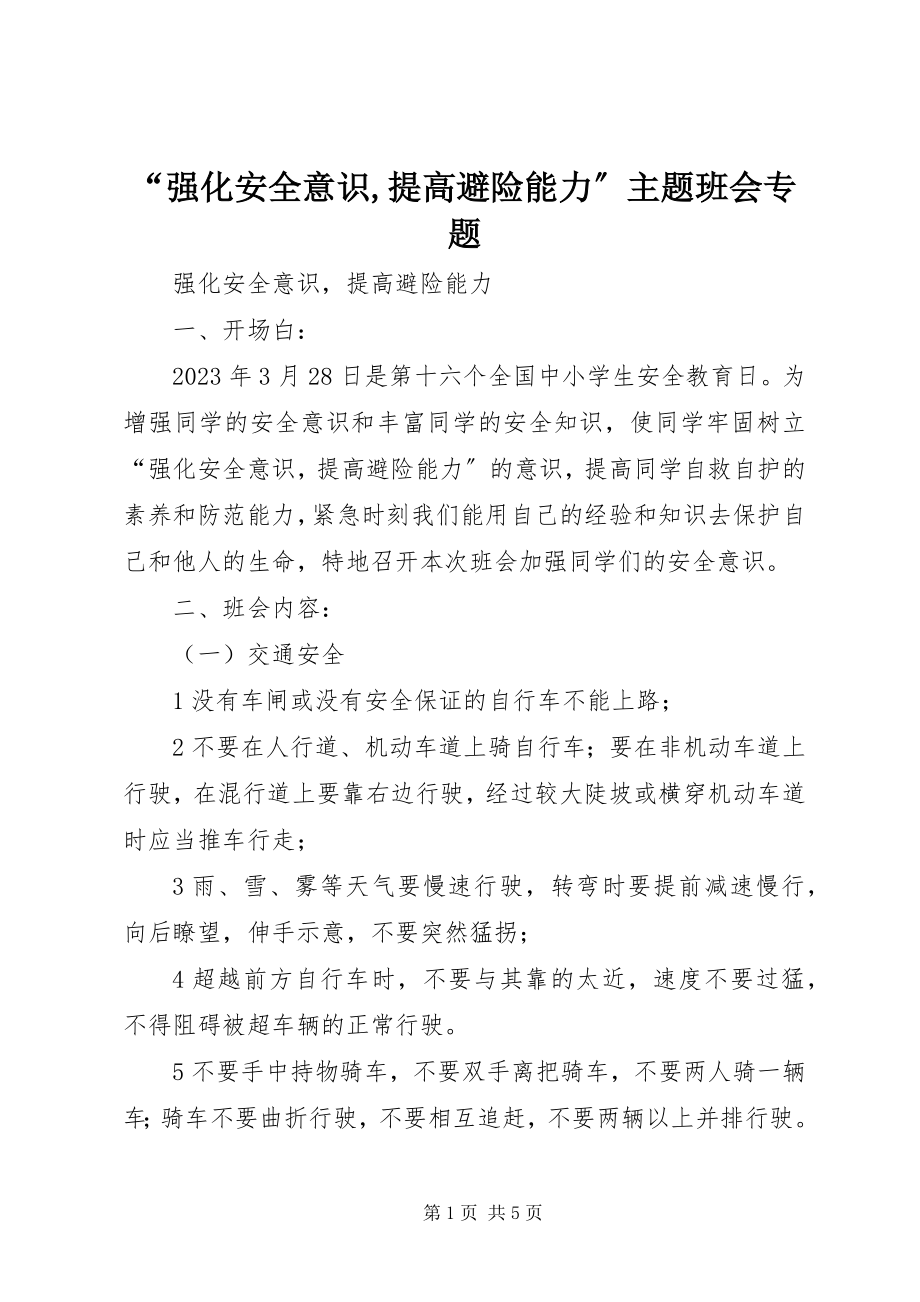 2023年强化安全意识提高避险能力主题班会专题.docx_第1页