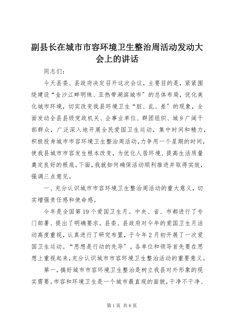 2023年副县长在城市市容环境卫生整治周活动动员大会上的致辞.docx_第1页