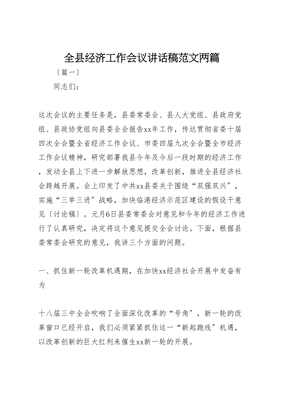 2023年全县经济工作会议致辞稿范文两篇.doc_第1页