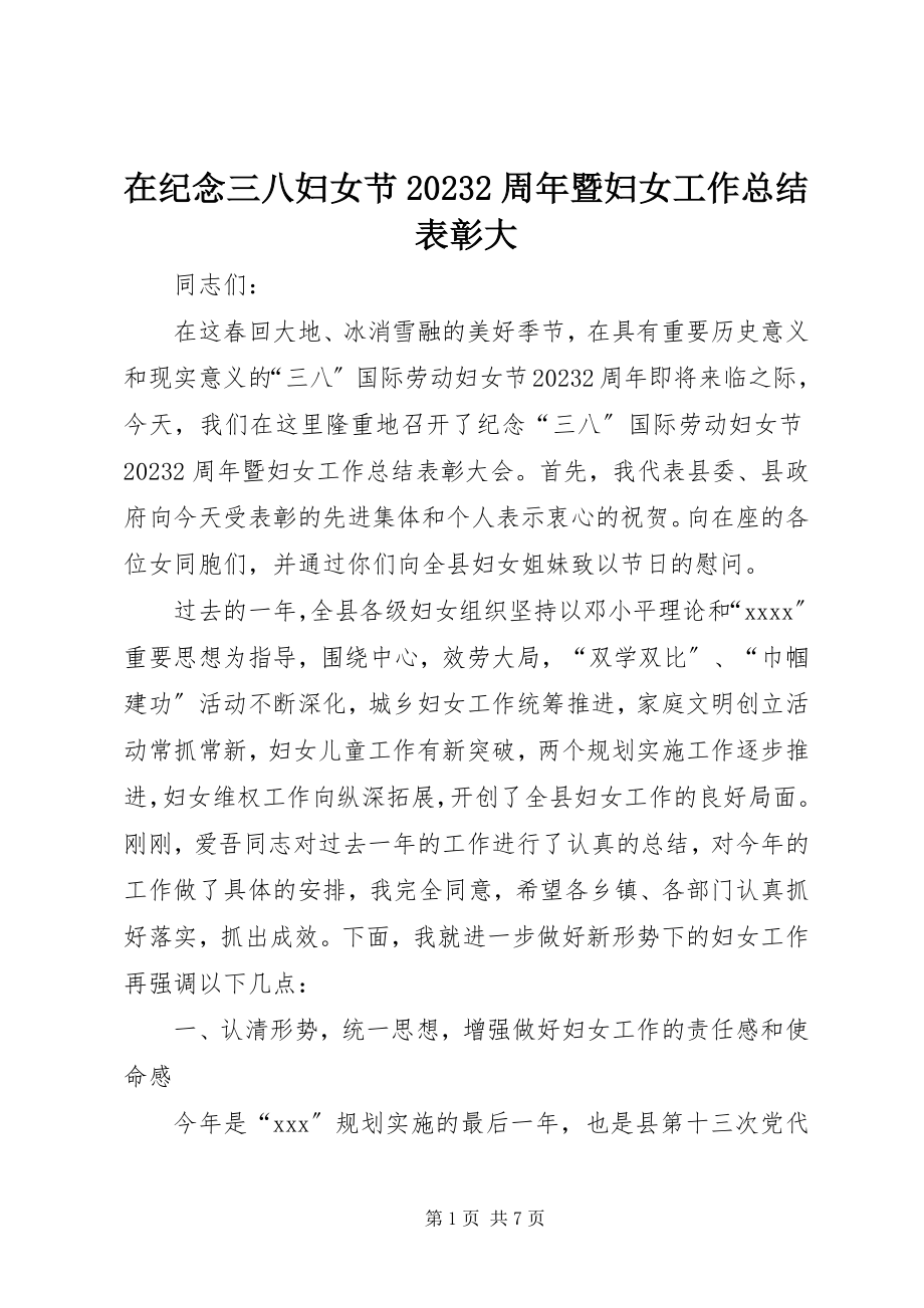 2023年在纪念三八妇女节102周年暨妇女工作总结表彰大.docx_第1页