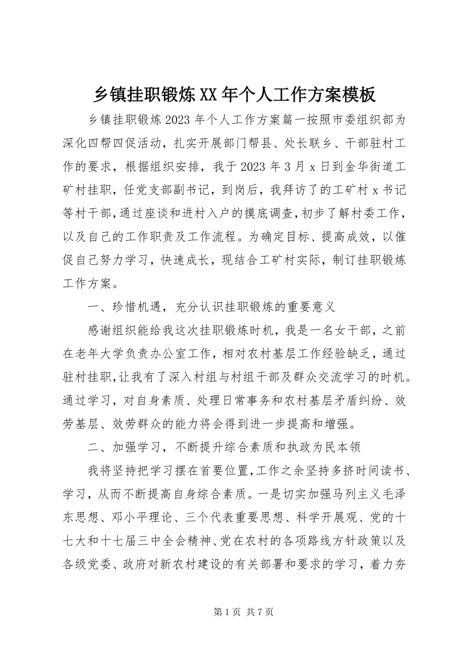 2023年乡镇挂职锻炼个人工作计划模板.docx_第1页