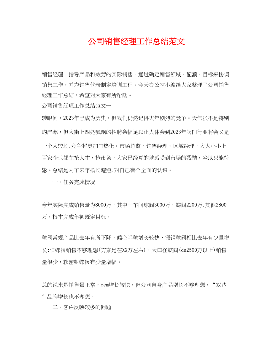 2023年公司销售经理工作总结.docx_第1页